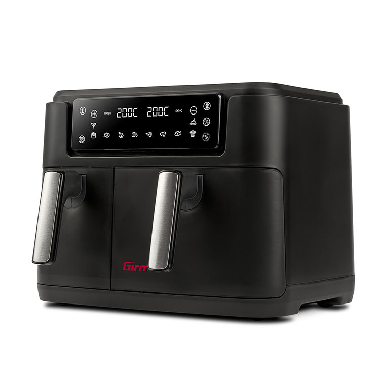 Freidora de aire doble Girmi FG26 Ecofrit Bis con dos zonas de cocción independientes y función SYNC, para preparar dos platos al mismo tiempo reduciendo el consumo eléctrico.
